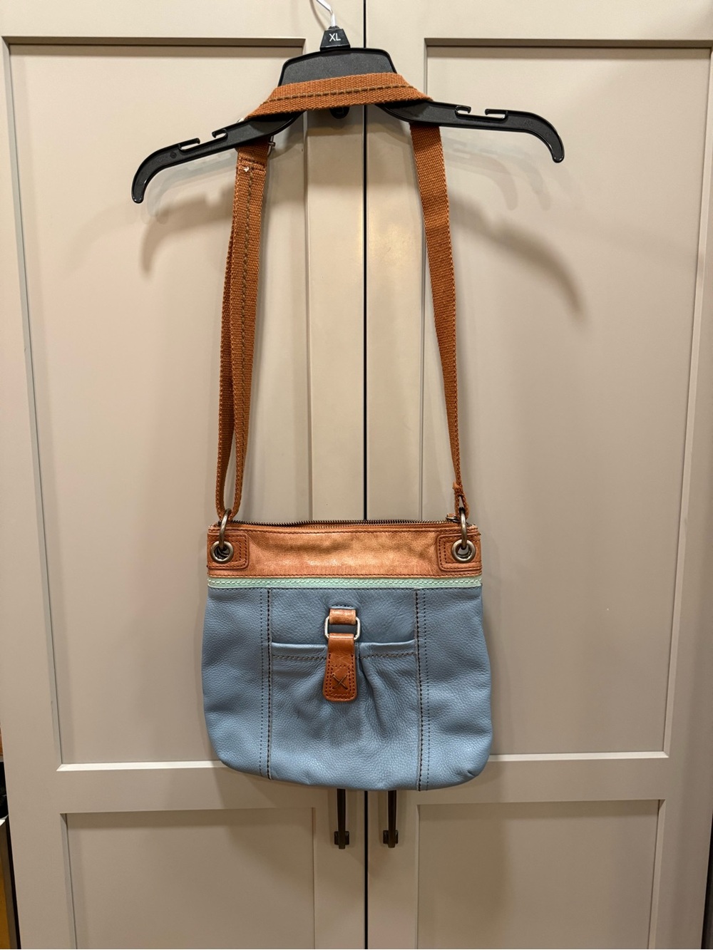The Sak Light Blue and Tan Leather Crossbody with Metallic Trim